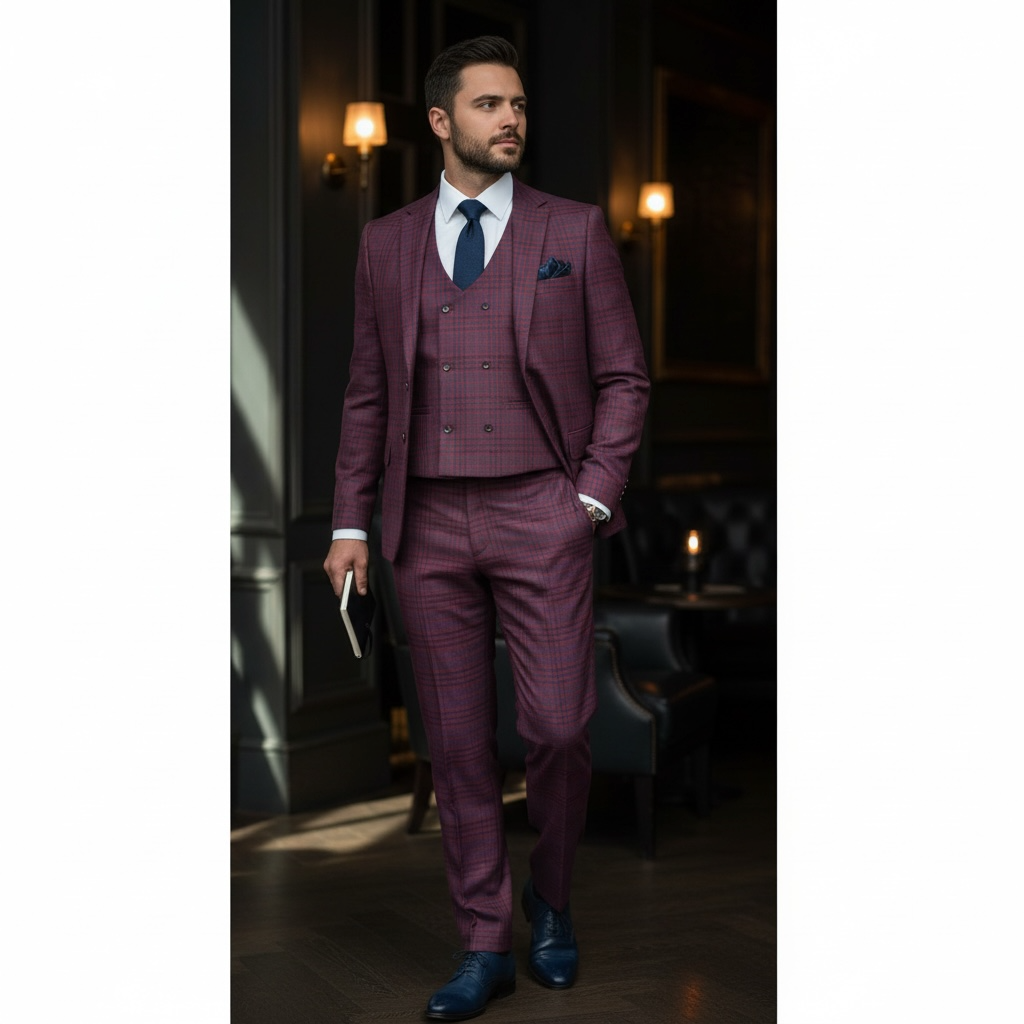 STUDIO FERARA | 31502 | 2B 3PC PLAID SUIT W/ DOUBLE BRESTED VEST | MODERN FIT